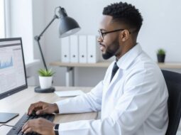 Picture of a biostatistician at his office desk