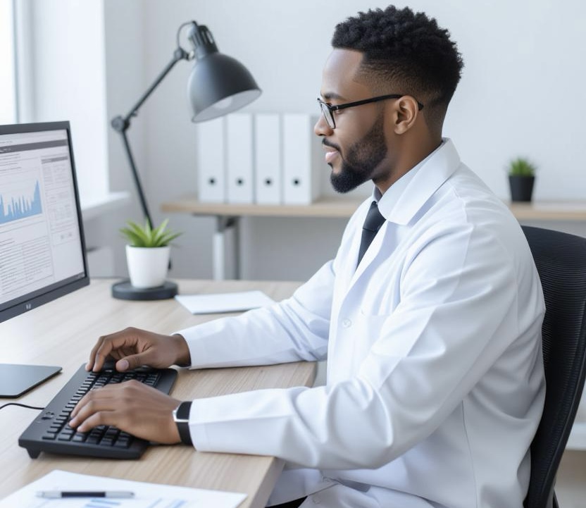 Picture of a biostatistician at his office desk